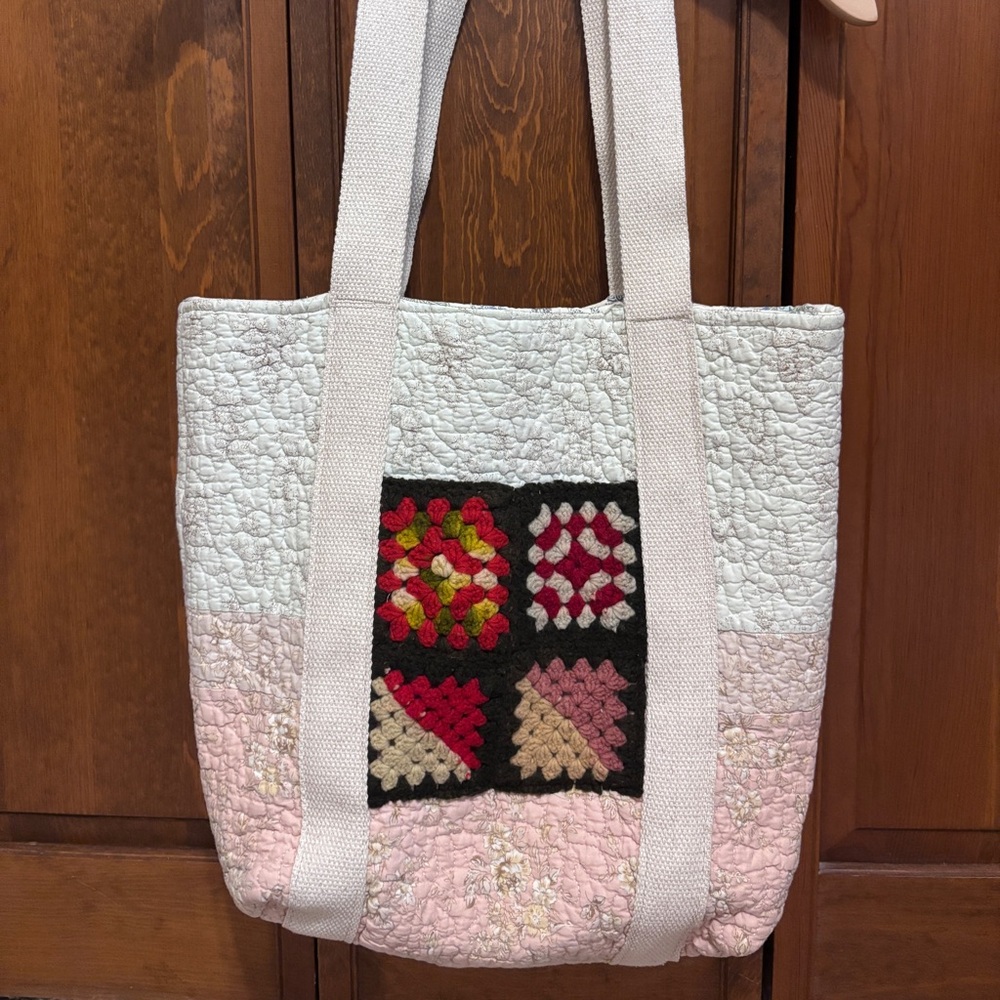 Handmade one-of-a-kind quilted market bag, granny square pocket